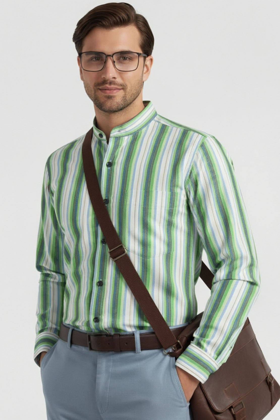 JADE STREAM STRIPED BAND COLLAR SHIRT
