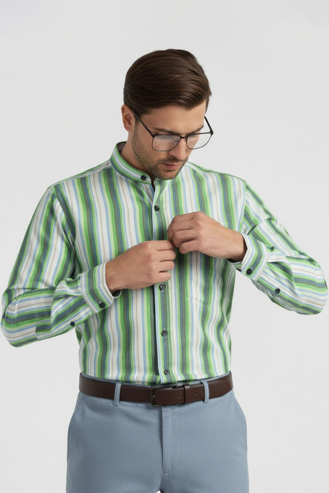 JADE STREAM STRIPED BAND COLLAR SHIRT