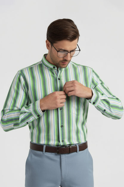 JADE STREAM STRIPED BAND COLLAR SHIRT