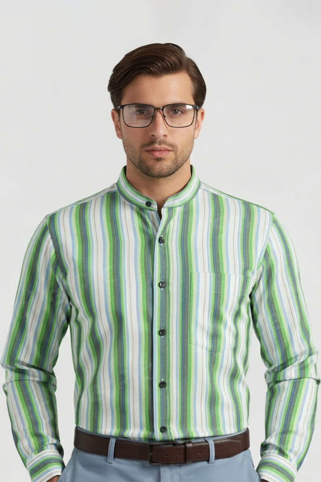 JADE STREAM STRIPED BAND COLLAR SHIRT