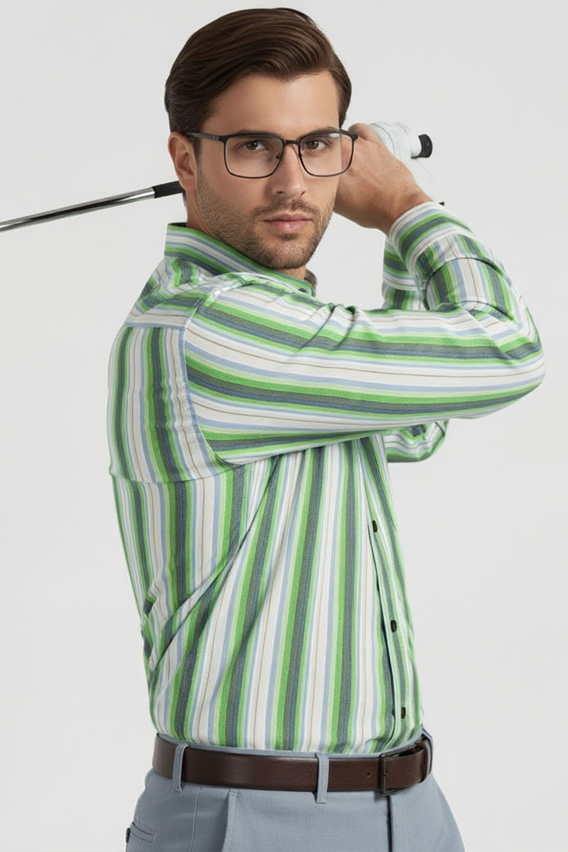 JADE STREAM STRIPED BAND COLLAR SHIRT