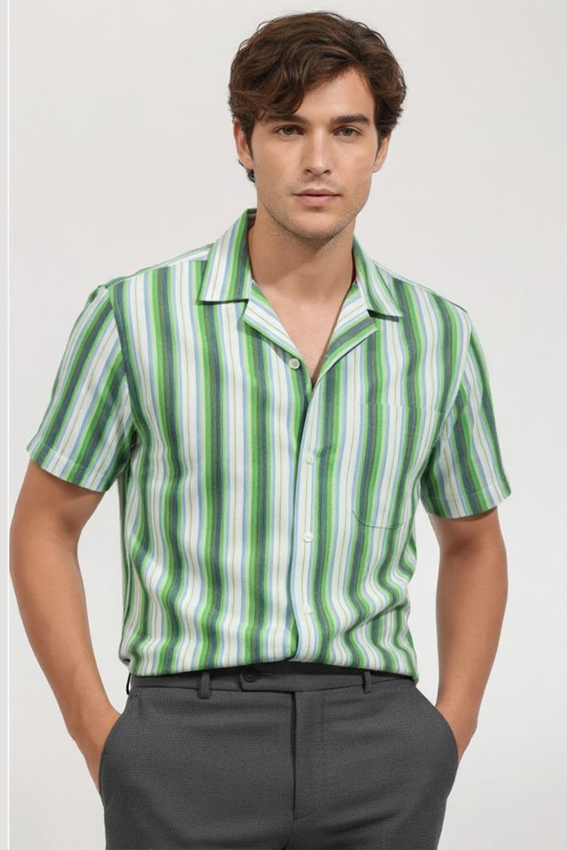 OLIVE BREEZE STRIPED CUBAN SHIRT