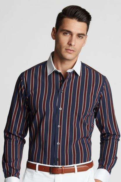 SIGNATURE NAVY MAROON STRIPE EXECUTIVE WHITE COLLAR SHIRT 