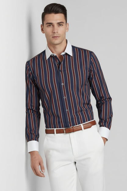 SIGNATURE NAVY MAROON STRIPE EXECUTIVE WHITE COLLAR SHIRT