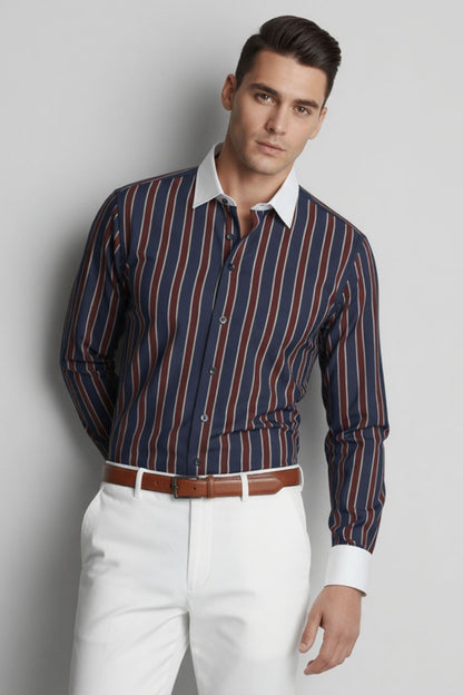SIGNATURE NAVY MAROON STRIPE EXECUTIVE WHITE COLLAR SHIRT 