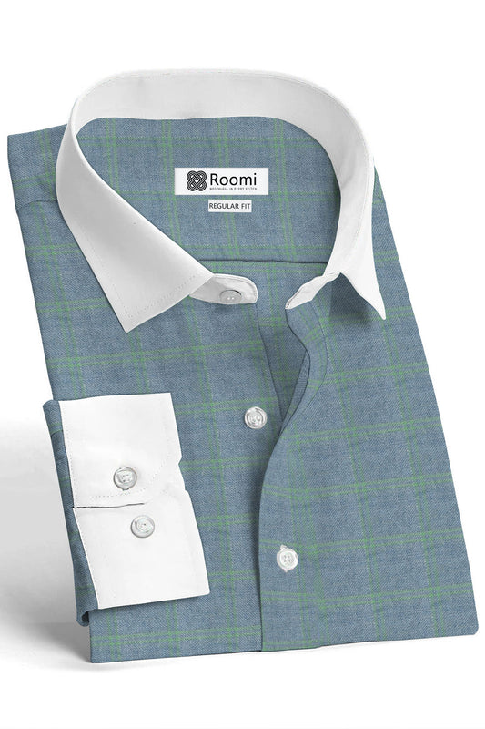 SOFT BLUE GRID PATTERN WHITE CUFF AND COLLAR BANKER SHIRT 
