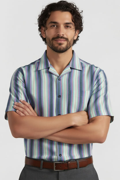 SOFT TONE BUSINESS STRIPE CUBAN HALF SLEEVES SHIRT