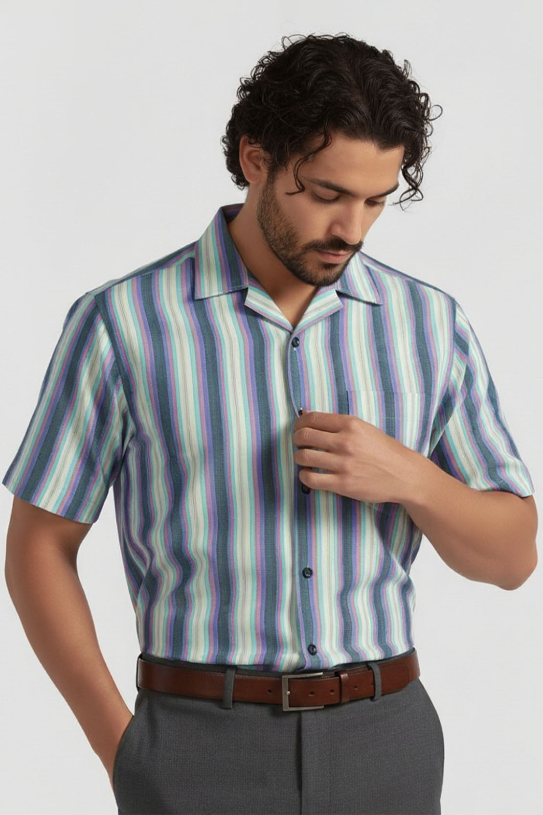 SOFT TONE BUSINESS STRIPE CUBAN HALF SLEEVES SHIRT