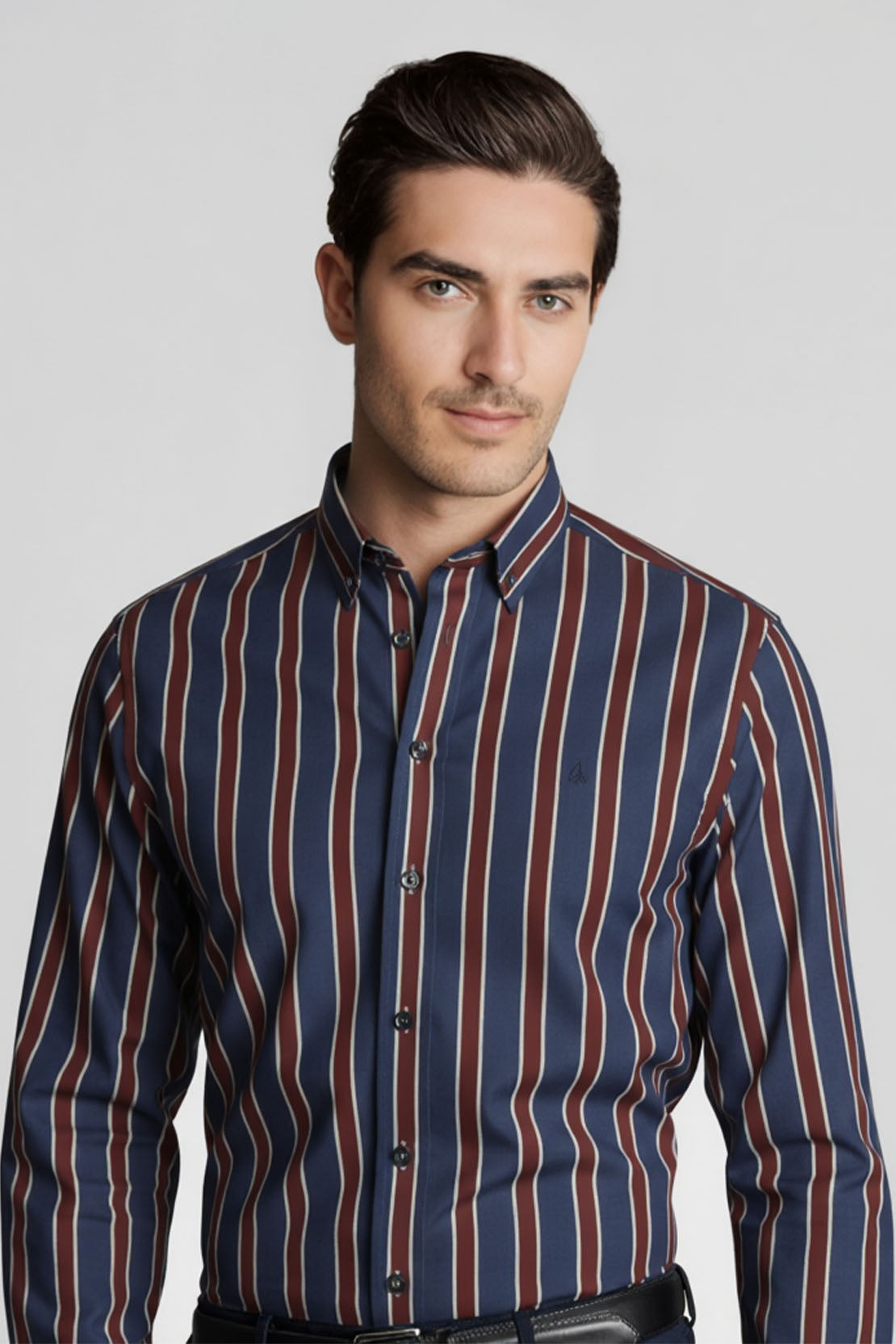 URBAN STRIPE DUAL-TONE BAND COLLAR SHIRT