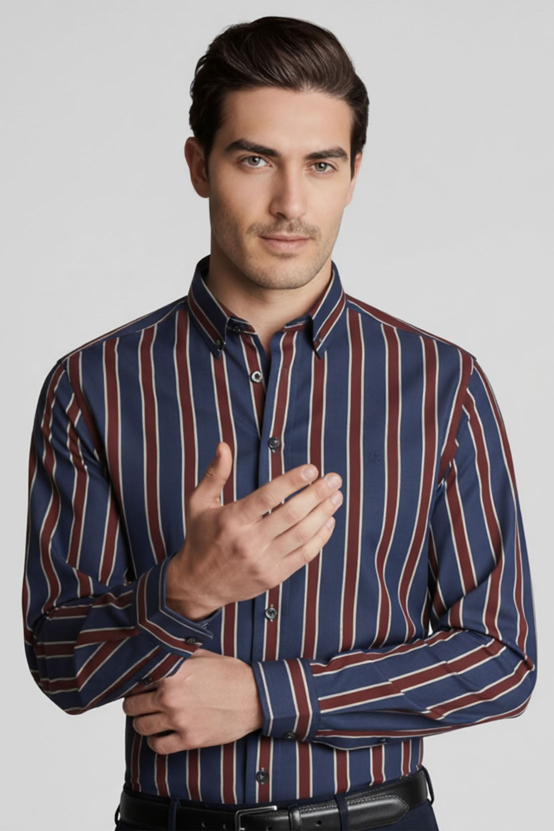 URBAN STRIPE DUAL-TONE BAND COLLAR SHIRT