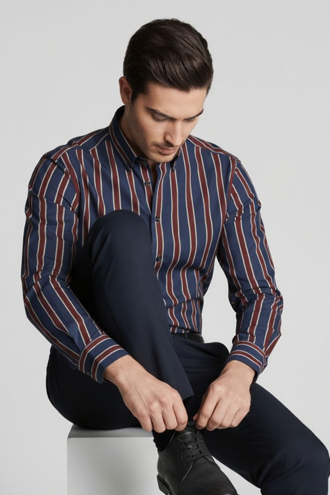 URBAN STRIPE DUAL-TONE BAND COLLAR SHIRT
