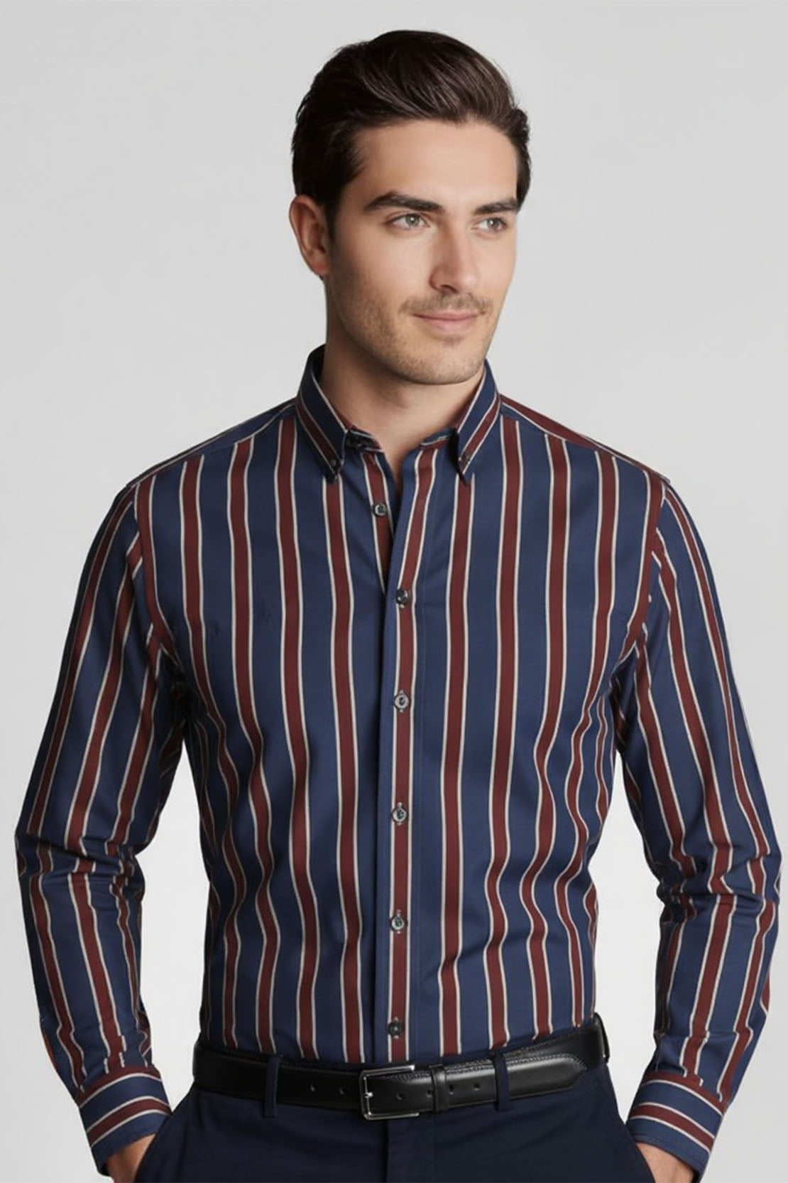 URBAN STRIPE DUAL-TONE BAND COLLAR SHIRT